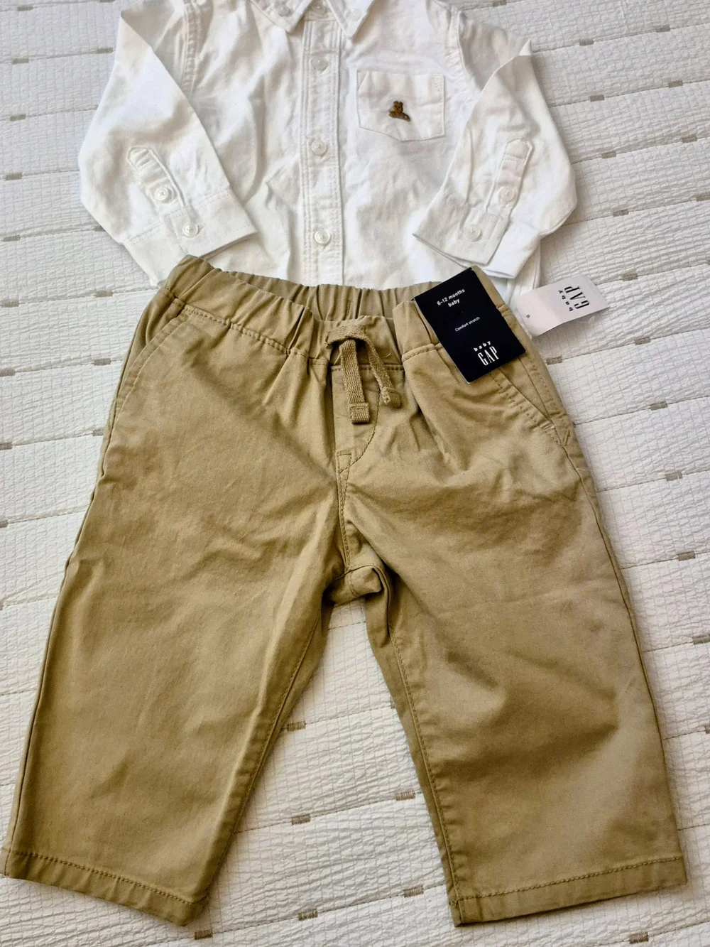 GAP White Button-Front Bear Pocket Onesie And Khaki Pant